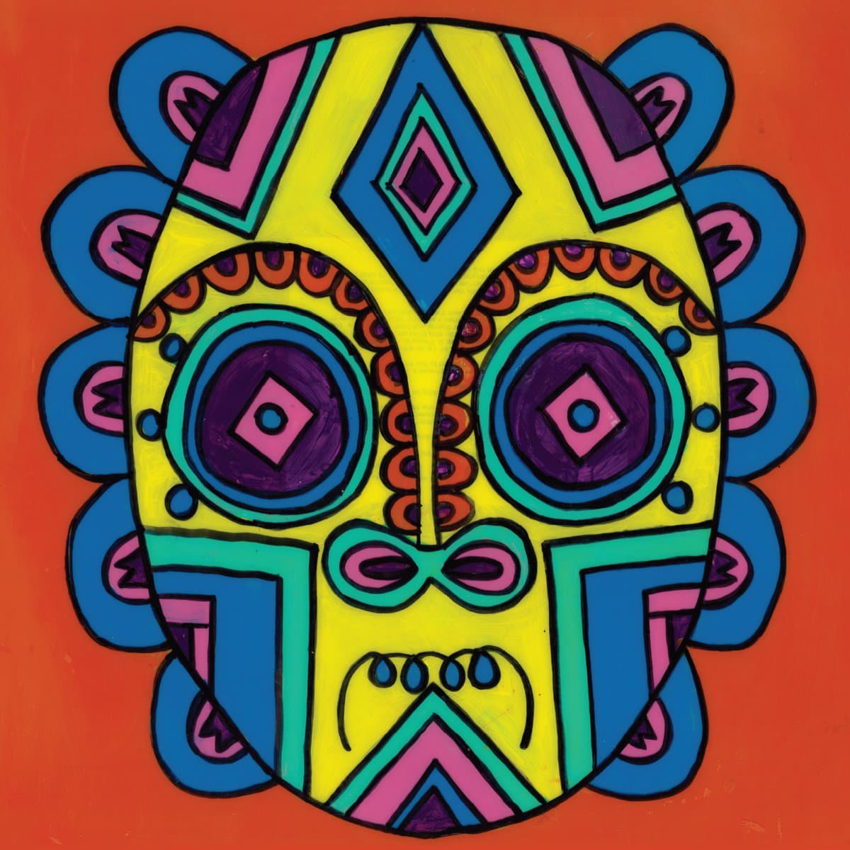 A colorful, abstract mask design with geometric shapes and bright colors on an orange background.